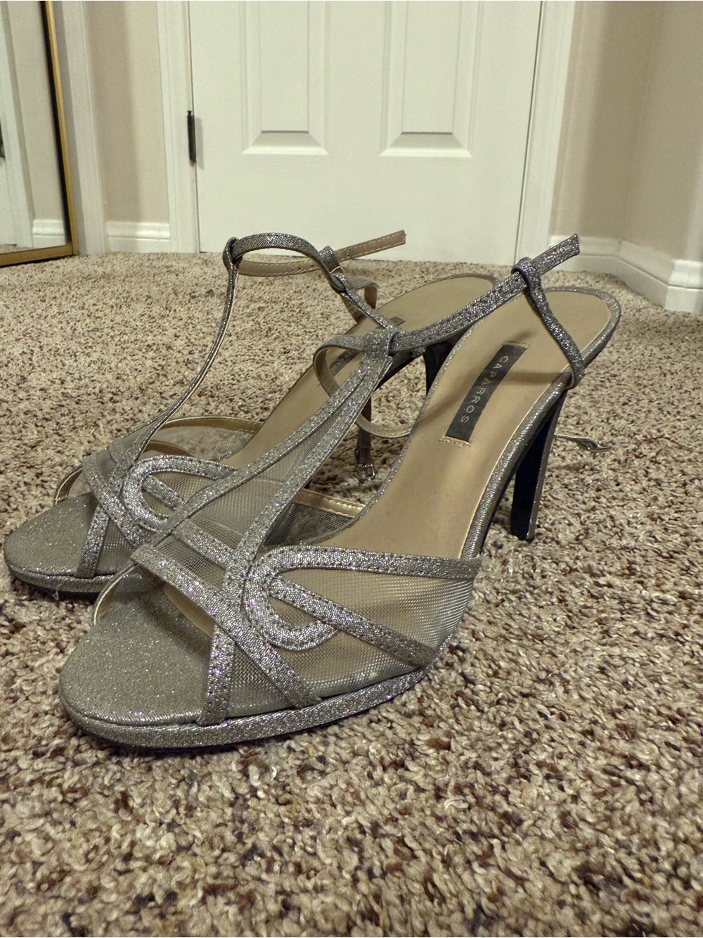 Caparros Silver Glitter T-Strap High Heel Sandals